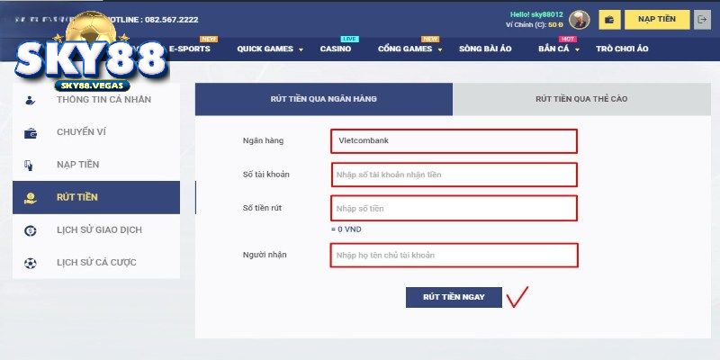 Hướng dẫn rút tiền Sky88 qua tài khoản ngân hàng